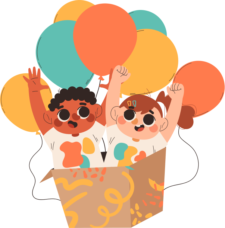 animated illustration of two kids flying in a balloon